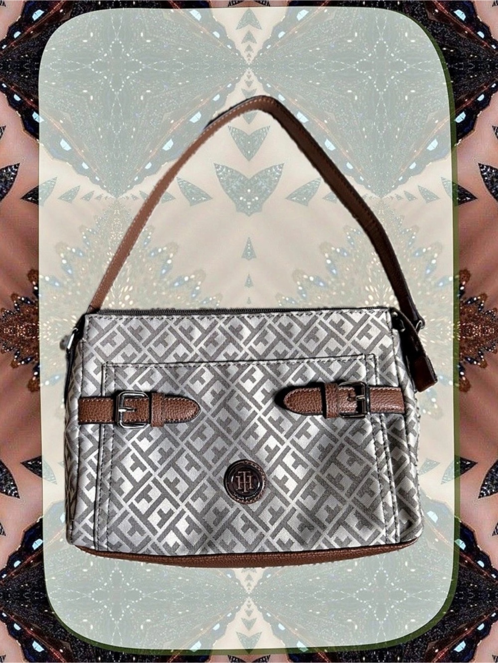 Tommy Hilfiger Monogram Shoulder Bag in Gray & Brown